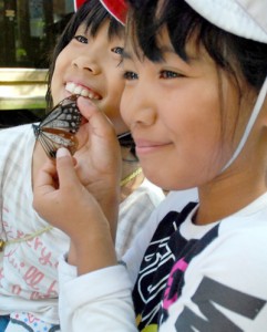 石川県から飛来したアサギマダラに笑顔の児童たち＝同