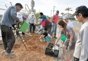 ユリの球根植え付けに汗を流す参加者＝２５日、和泊町国頭