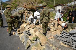 サンゴの石垣の修復作業に汗を流す参加者＝１０日、瀬戸内町西古見