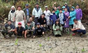 約２０人でメヒルギの苗木を植樹した＝宇検村湯湾