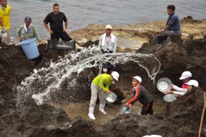 岩に海水をたたきつける汐干し体験をする児童ら＝２３日、和泊町国頭の海岸