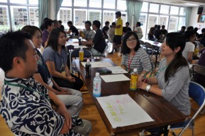 約８０人が町の未来について語り合った若者未来会議＝２８日、和泊町のえらぶ長浜館
