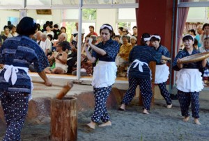 稲作生活を表現した婦人会による稲すり踊りも披露された＝１５日、宇検村芦検