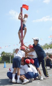 力を合わせ、チームカラーの旗を空高くはためかせる児童ら＝４日、龍郷町の龍郷小学校