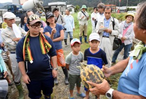 捕獲したアカミミガメを観察する参加者＝１７日、龍郷町大勝