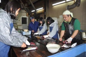 釣り上げたカツオやキハダマグロをさばく須磨友が丘高校の生徒＝２０日、奄美市名瀬