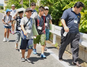 ノラネコを捜して町を歩く調査隊＝３０日、瀬戸内町古仁屋 