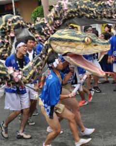 パレード１部のトップバッターを務めた市役所ハブ隊＝７日、奄美市名瀬の支庁通り