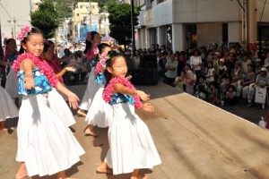 フラダンスや空手の演舞など多彩なステージが披露され、世代を超えて盛り上がった商店街夏祭り＝１３日、奄美市名瀬