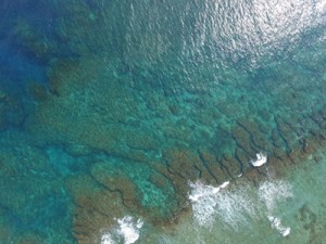 ＵＡＶを用いて撮影したサンゴ礁地形＝８月２８日、大和村大棚漁港の沖合（撮影・長谷川均・国士舘大学教授）とマルチビーム測深中の船室＝８月２８日、同村大棚沖