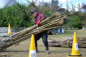 「重量挙げ」で７０㌔のサトウキビ束の担ぎ上げに挑戦する出場者。成功者は現れず＝１７日、与論町