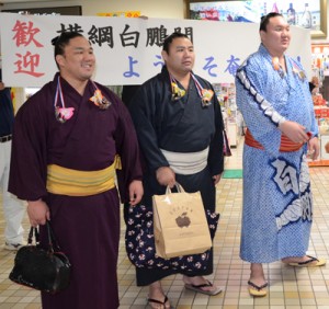 一足先に奄美大島入りした（右から）横綱白鵬関、里山関、石浦関＝１４日、奄美市笠利町