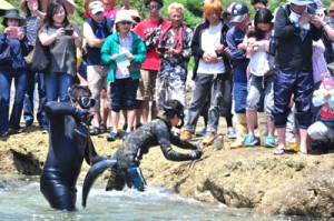 大勢の見物者でにぎわった伝統の追い込み漁「マハダグムイ」＝３０日、和泊町