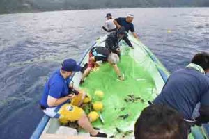 伝統のトビウオ漁を体験した参加者ら＝１５日、大和村大棚の沖合