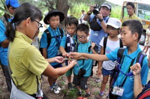 特定外来生物のわなが仕掛けられた現場を視察するこども環境調査隊の隊員ら＝２５日、沖縄県慶良間諸島の座間味島