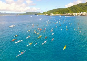 【写真説明】よこ 雄大な大島海峡の景色を楽しみながら疾走した奄美シーカヤックマラソン＝２日、瀬戸内町