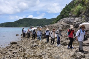 島尾敏雄とミホ夫人が会っていた浜辺を歩く参加者＝８日、加計呂麻島