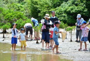 実物を間近に見ながら植物や生き物について学んだ親子自然教室＝２７日、奄美市住用町