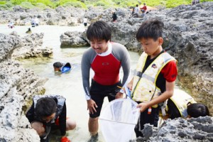 潮だまりの生物調査など、自然に親しみながらサンゴ礁を学ぶ参加者＝１日、喜界町