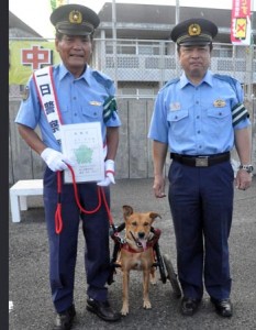 一日署長を務めた島田さん（左）と車いす犬「ラッキー」＝２０日、徳之島町亀津