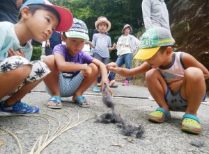 アマミノクロウサギの幼獣とみられる死骸を観察する子どもたち＝３日、天城町与名間