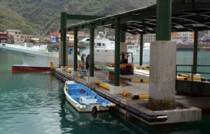 潮の干満に左右されずに水揚げ作業ができるように整備された浮桟橋（左）と、漁船からの水揚げ作業＝奄美市名瀬大熊