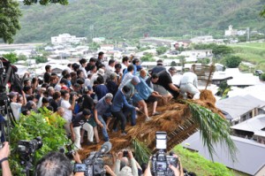 「ヨラ、メラ」の掛け声で「ショチョガマ」を揺り倒した男衆＝２６日午前６時３０分ごろ、龍郷町