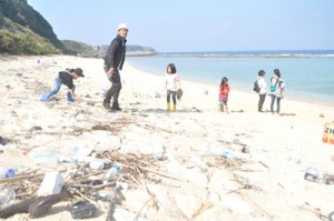 海岸に漂着したごみの種類を調査する参加者＝２１日、知名町の沖泊海浜公園