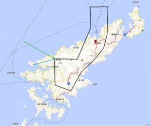 沖縄県名護市沖で事故を起こしたオスプレイの奄美大島上空の飛行経路図（頼和太郎氏分析、リムピース提供）