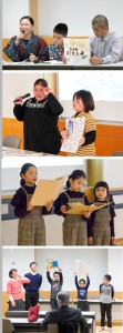 (上から)紙芝居で「えらぶむに」を発表した東さん家族、身体の部位を方言で紹介した丸山さん親子、「うたえバンバンえらぶむにバージョン」を披露した竿さんきょうだい。父親は三味線で伴奏、世代間のつながりを「えらぶむに」で発表した前田さん家族=東京・立川市の国立国語研究所