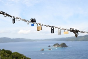 沖に浮かぶ小島を眼下に望む恋の願掛けスポット。ひょうたん型の島が丹手島。その島影に子丹手はある＝２２日、瀬戸内町請島  