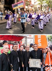 スマイル＆ビューティー賞を受賞した東京喜界会島おどりの会（上）と、今年新設された「西郷どん賞」を受賞した東京配田ヶ丘同窓会の男性陣＝２０日、東京都渋谷区