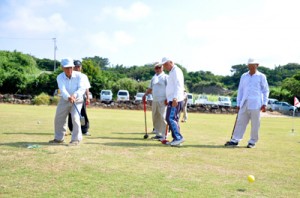 青空の下、グラウンド・ゴルフを楽しむ参加者＝３０日、和泊町