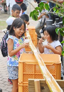 流しそうめんを楽しむ子どもたち ＝２９日、天城町当部