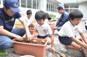 若手農家とともに、ユリなどの球根の植え付けを行う児童＝１７日、知名町の田皆小