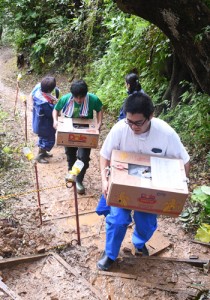 住民の購入品を持って避難用歩道を上る奄美市の職員＝４日、奄美市名瀬小浜町