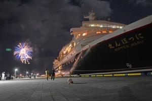  クルーズ客船「にっぽん丸」と夜空を彩る花火＝２４日、奄美市名瀬
