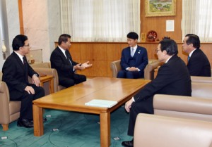 シラヒゲウニの資源回復に向けた支援を要請する奥田会長（左から２人目）＝２８日、鹿児島市