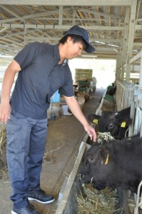 餌をあげながら牛の表情を見る川上栄地さん＝与論町朝戸、１８年１０月２６日