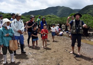 干潟で生き物の観察を楽しむ参加者＝２８日、奄美市住用町 