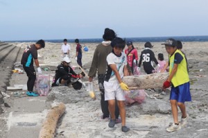 海岸に打ち上げられたごみを拾い集める参加者たち＝１４日、小野津