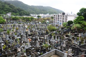 永田川沿いに広がる市有永田墓地。右手奥が奄美支庁舎側＝１１日、奄美市名瀬