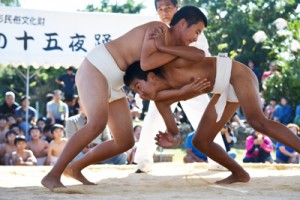 小学生から一般まで約１４０人が真剣勝負を繰り広げた与論町奉納相撲大会＝１１日、同町の琴平神社