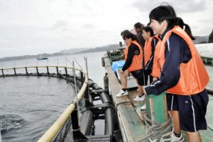 マグロの養殖現場を見学する古仁屋高校の生徒ら＝１９日、瀬戸内町花天