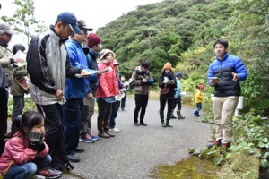 路傍の植物を観察する参加者ら