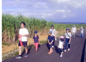 心地よい風が吹くサトウキビ畑のコースを歩く親子連れ＝１日、奄美市笠利町