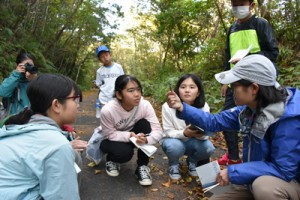 野生生物の調査を体験した児童生徒ら＝１５日、大和村