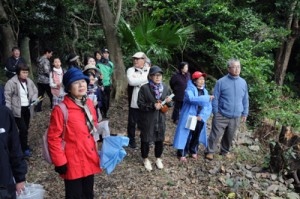 西郷が２年８カ月過ごしたとされる住居跡からの眺望を確認する参加者＝９日、龍郷町