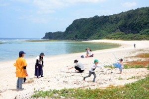 沖泊海浜公園付近の海辺で屋外レジャーを楽しむ人たち＝２９日、知名町