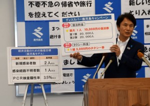 記者会見で数値目標やキャンペーン内容などを説明する三反園知事＝２２日、鹿児島市の県庁